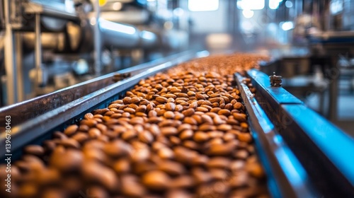 Obraz na płótnie Fresh almonds travel down a conveyor belt in a busy nut processing factory, where workers meticulously oversee the sorting and packaging process, ensuring quality and efficiency in production w salonie