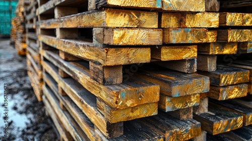 Stacked pallets show weathered wood grain and blue painted accents outdoors