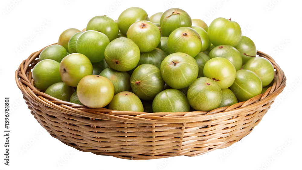 A wicker basket full of fresh green Indian gooseberries Amla fruits healthy eating A wicker basket full of fresh green Indian gooseberries Amla fruits healthy eating