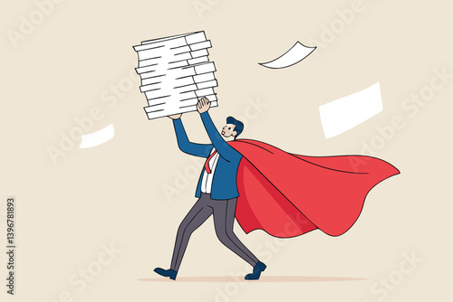 Handle busy work, manage workload or complete multitasks within deadline, organize paperwork or documents, effective or productive concept, businessman superhero carry load of paperwork documents.