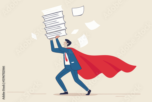Handle busy work, manage workload or complete multitasks within deadline, organize paperwork or documents, effective or productive concept, businessman superhero carry load of paperwork documents.
