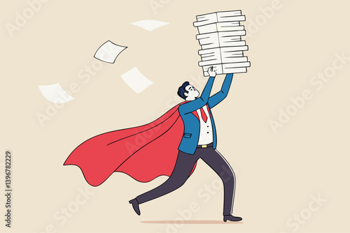 Handle busy work, manage workload or complete multitasks within deadline, organize paperwork or documents, effective or productive concept, businessman superhero carry load of paperwork documents.