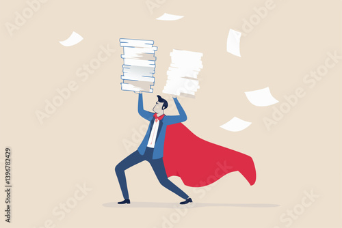Handle busy work, manage workload or complete multitasks within deadline, organize paperwork or documents, effective or productive concept, businessman superhero carry load of paperwork documents.