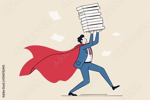 Handle busy work, manage workload or complete multitasks within deadline, organize paperwork or documents, effective or productive concept, businessman superhero carry load of paperwork documents.