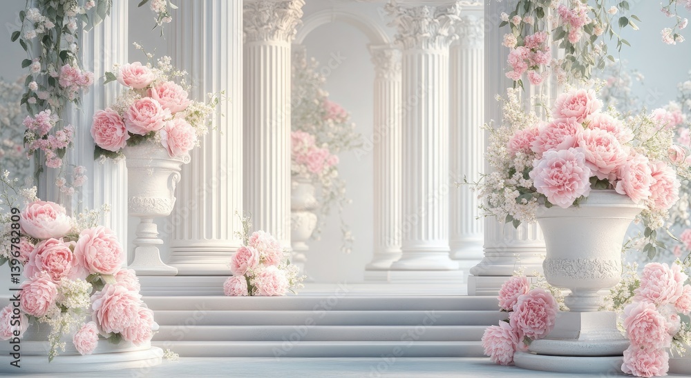 A romantic, elegant floral arrangement in a white colonnaded space. A romantic, elegant floral arrangement in a white colonnaded space.