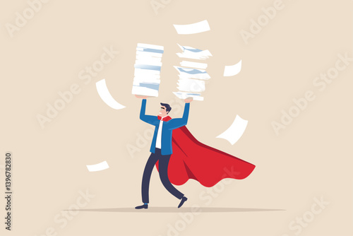 Handle busy work, manage workload or complete multitasks within deadline, organize paperwork or documents, effective or productive concept, businessman superhero carry load of paperwork documents.