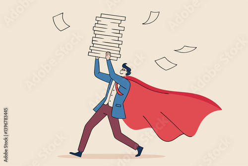 Handle busy work, manage workload or complete multitasks within deadline, organize paperwork or documents, effective or productive concept, businessman superhero carry load of paperwork documents.