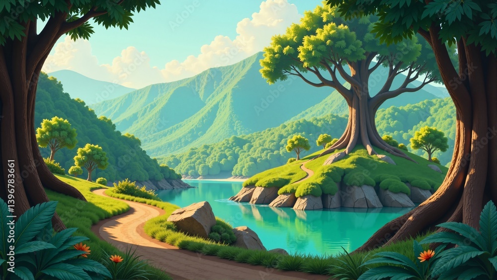 Naklejka premium Philippine Island Jungle Trails featuring lush greenery, winding dirt path, serene lake, and towering trees. Concept of Philippine Island Jungle Trails with vibrant landscape elements.