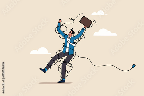 Tangle problem or failure, difficulty or overwhelmed, messy or tangled, complicate problem or trouble, busy job or mess, suffering or struggle, frustrated businessman with tangled messy rope around.