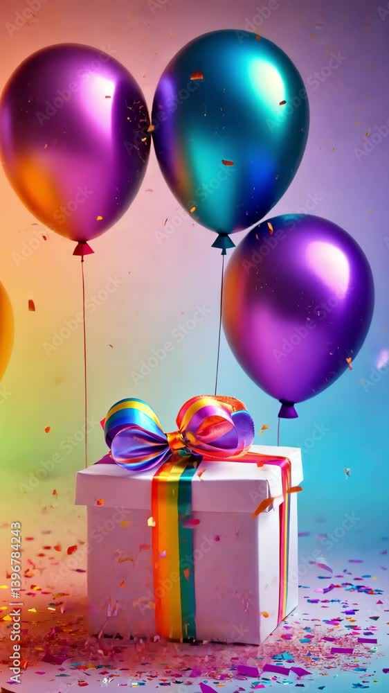 White gift box with rainbow ribbon on blue confetti background ...