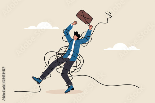 Tangle problem or failure, difficulty or overwhelmed, messy or tangled, complicate problem or trouble, busy job or mess, suffering or struggle, frustrated businessman with tangled messy rope around.