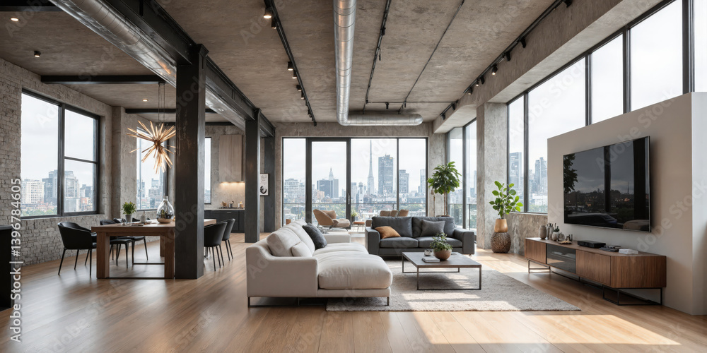 Fototapeta premium High-End Loft with Open Plan Design A luxurious open-plan loft living space with a wall-mounted TV above a modern TV