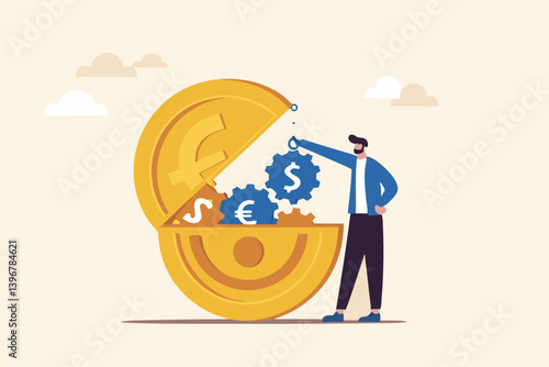 Euro monetary policy, central bank or government to manage EU or European financial or economic, inflation and interest rate policy concept, businessman put oil lubricate into open Euro money coin.