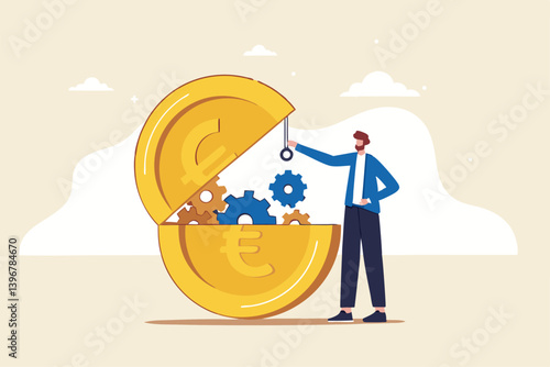 Euro monetary policy, central bank or government to manage EU or European financial or economic, inflation and interest rate policy concept, businessman put oil lubricate into open Euro money coin.