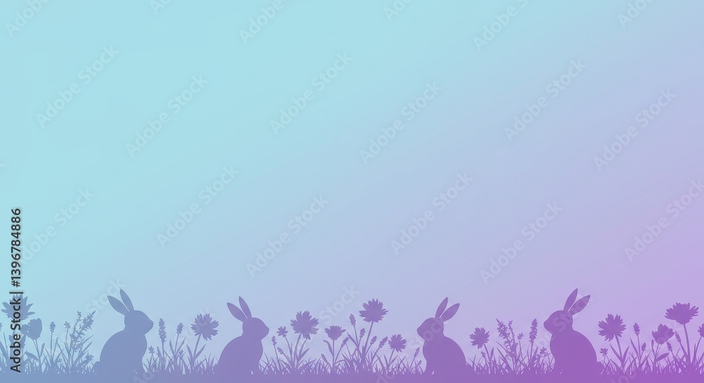 Silhouette of rabbits and wildflowers against a soft pastel gradient background in a peaceful scene