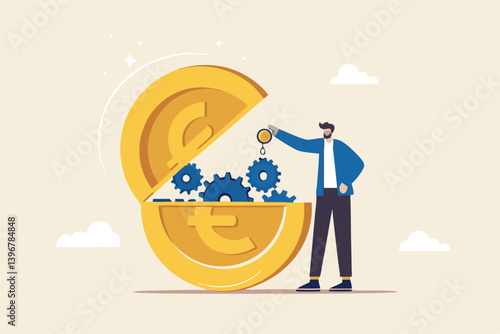 Euro monetary policy, central bank or government to manage EU or European financial or economic, inflation and interest rate policy concept, businessman put oil lubricate into open Euro money coin.