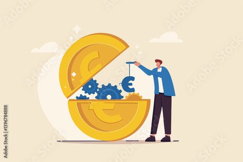 Euro monetary policy, central bank or government to manage EU or European financial or economic, inflation and interest rate policy concept, businessman put oil lubricate into open Euro money coin.