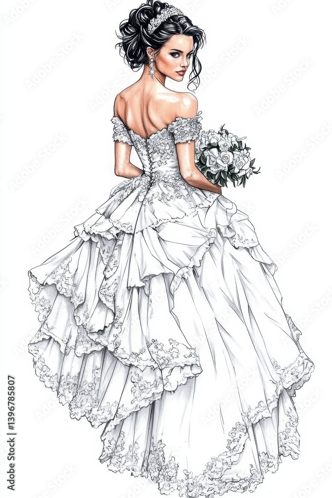 Fototapeta premium Elegant Bride in Layered White Wedding Gown with Bouquet, Generative AI.