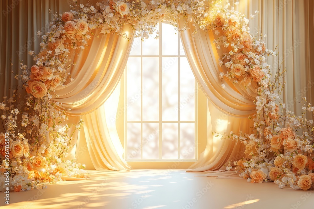 A sun-drenched window adorned with delicate peach and cream floral arrangements. A sun-drenched window adorned with delicate peach and cream floral arrangements.