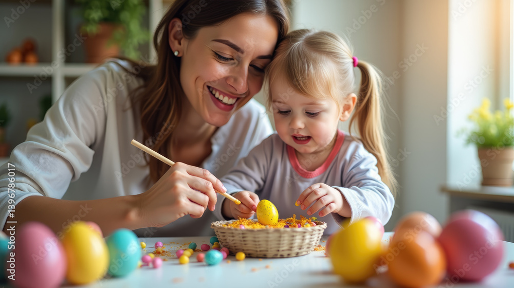 Smiling mom and daughter painting Easter eggs at home. Happy family preparing for Easter and painting Easter eggs. Easter traditions, celebration. Happy Easter! Young woman and girl painting eggs Smiling mom and daughter painting Easter eggs at home. Happy family preparing for Easter and painting Easter eggs. Easter traditions, celebration. Happy Easter! Young woman and girl painting eggs