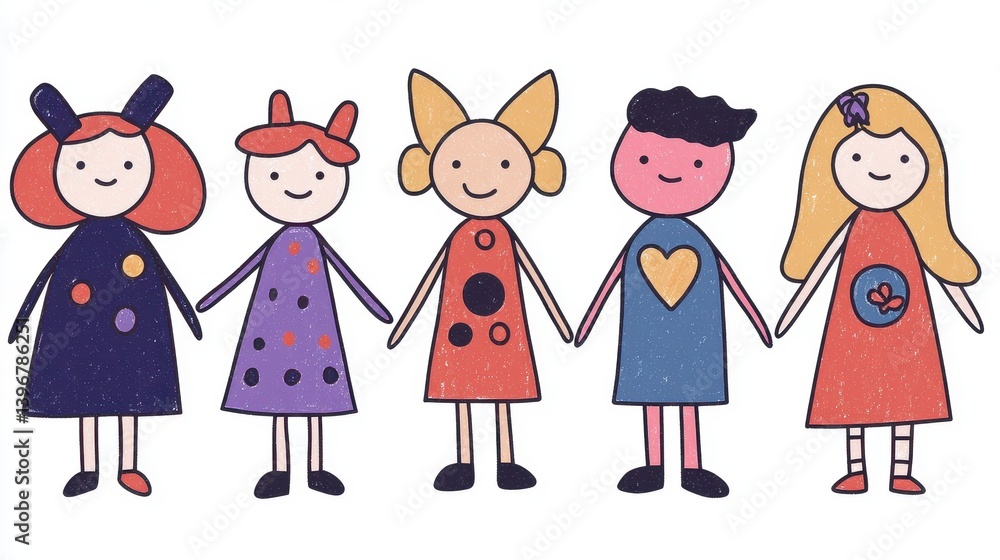 Five Childlike Figures Holding Hands in a Simple Drawing, Generative AI. Five Childlike Figures Holding Hands in a Simple Drawing, Generative AI.