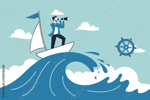 Vision to see opportunity, leadership to lead to success, search for challenge, look for goal, strategy to win business concept, businessman leader look through binocular on the ship in storm ocean.
