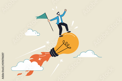 Success business idea, innovation or invention to reach goal, entrepreneur start new business, solution or career achievement concept, businessman holding winner flag riding flying lightbulb idea.