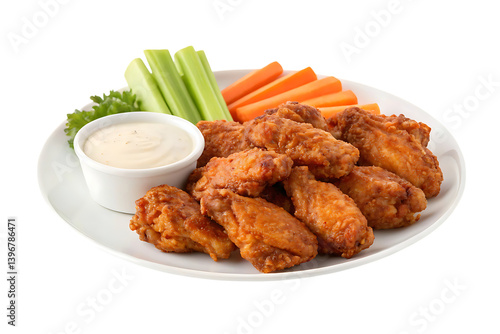 Delicious fried chicken wings with ranch dip and vegetables on transparent background