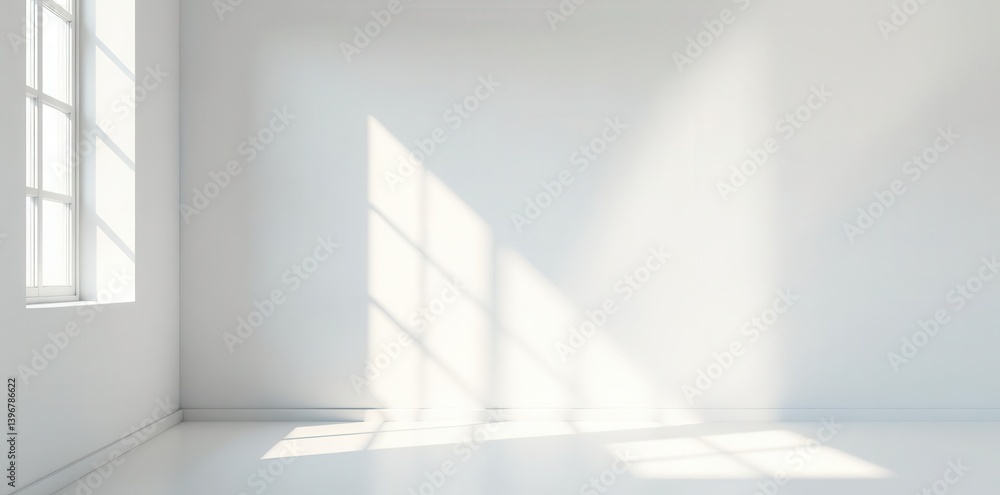 Sunlit grey window shadow on pristine white wall Clean backdrop for product display , overlay, mockup, sun Sunlit grey window shadow on pristine white wall Clean backdrop for product display , overlay, mockup, sun