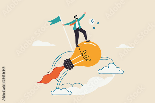 Success business idea, innovation or invention to reach goal, entrepreneur start new business, solution or career achievement concept, businessman holding winner flag riding flying lightbulb idea.
