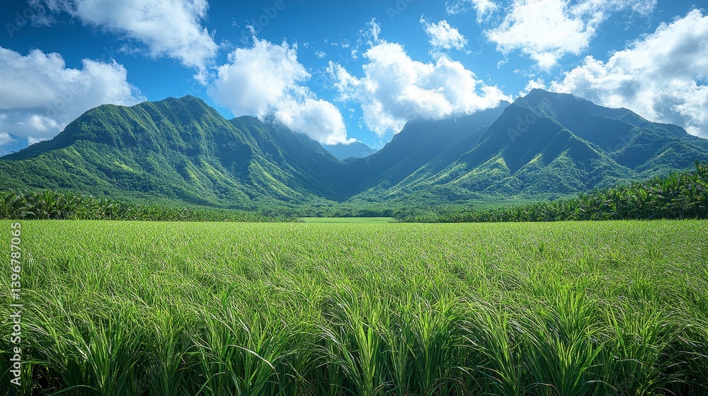 Fototapeta premium Lush green field before mountain range under bright sky with puffy clouds in panoramic wide landscape view