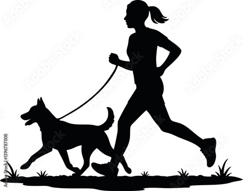Silhouette vector of jogger with dog on trail – outdoor running and pet companionship scene