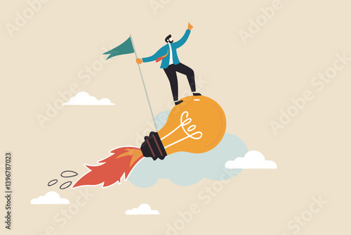 Success business idea, innovation or invention to reach goal, entrepreneur start new business, solution or career achievement concept, businessman holding winner flag riding flying lightbulb idea.