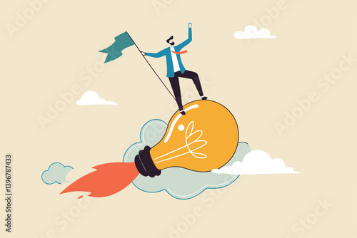 Success business idea, innovation or invention to reach goal, entrepreneur start new business, solution or career achievement concept, businessman holding winner flag riding flying lightbulb idea.