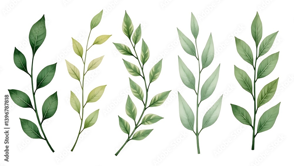 Naklejka premium Elegant watercolor green leaves branches botanical illustration nature design serene aesthetic soft