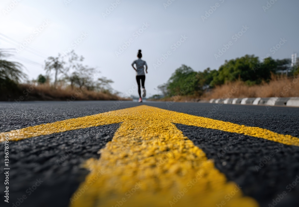 Obraz premium Female runner on an empty road with a yellow arrow, surrounded by nature.