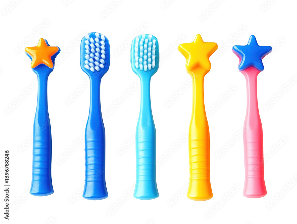 A vibrant collection of children's toothbrushes in various colors and star-shaped designs, ideal for promoting dental hygiene A vibrant collection of children's toothbrushes in various colors and star-shaped designs, ideal for promoting dental hygiene