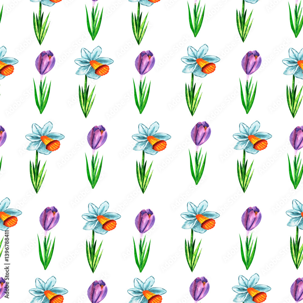 Seamless pattern with crocus and daffodils. For the design of products for Women's Day, Mother's Day or Easter. Summer cute pattern with watercolor spring flowers on a green background. Seamless pattern with crocus and daffodils. For the design of products for Women's Day, Mother's Day or Easter. Summer cute pattern with watercolor spring flowers on a green background.