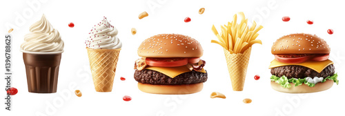 A vibrant display of fast food items including burgers, fries, and ice cream cones, set against a clean white background