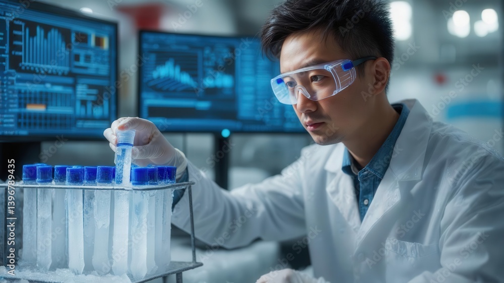 Scientist in a laboratory conducting research with test tubes and advanced computer screens in the background, wearing safety goggles and a lab coat