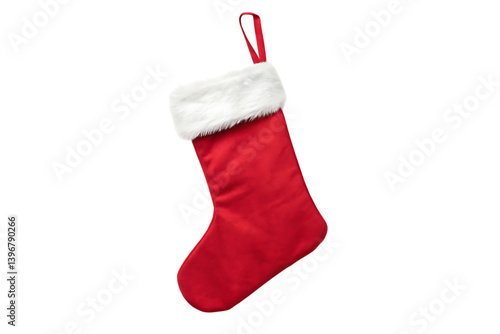 Classic red christmas stocking with white fur cuff on transparent background