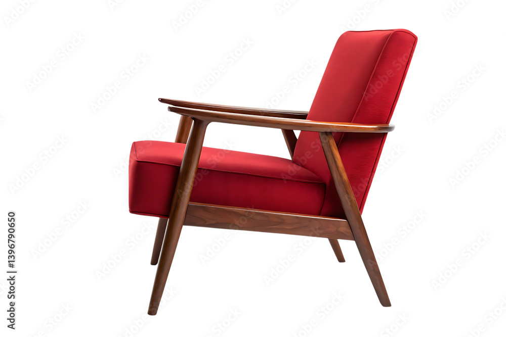Red armchair isolated, modern wooden furniture side view on transparent background Red armchair isolated, modern wooden furniture side view on transparent background