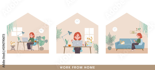 在宅で仕事をしている赤髪女性のセット