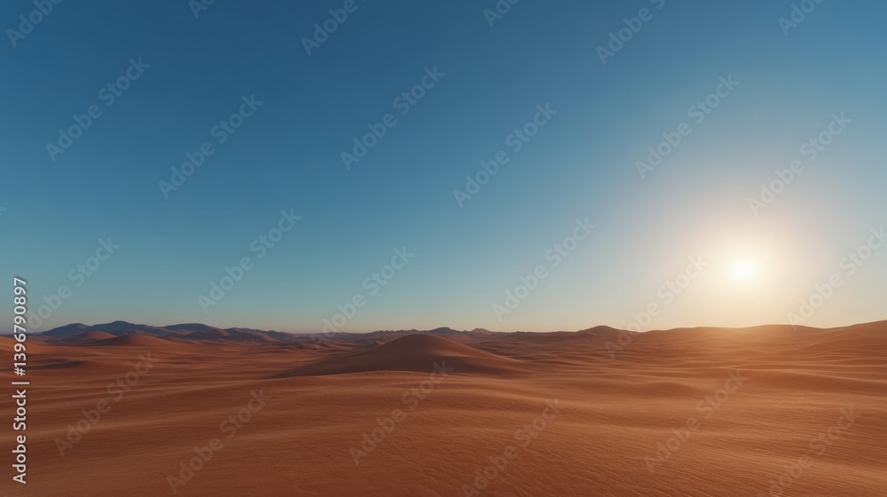 Vast golden sand dunes roll toward the horizon under a clear blue sky, capturing the calm and beauty of the desert during sunset Vast golden sand dunes roll toward the horizon under a clear blue sky, capturing the calm and beauty of the desert during sunset