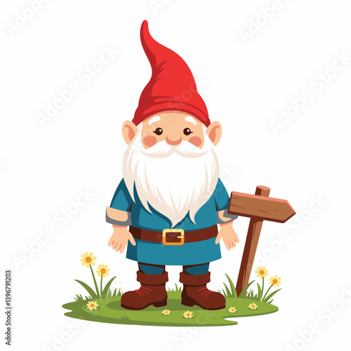 Cheerful garden gnome standing in grassy patch, whimsical decoration