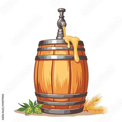 Detailed wooden beer keg pouring beer with hops and barley, brewing artistry