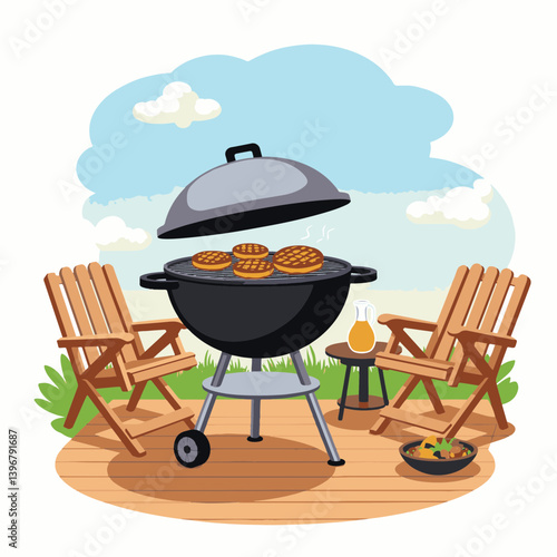 Charcoal barbecue grill sizzling burgers on wooden patio, summer picnic