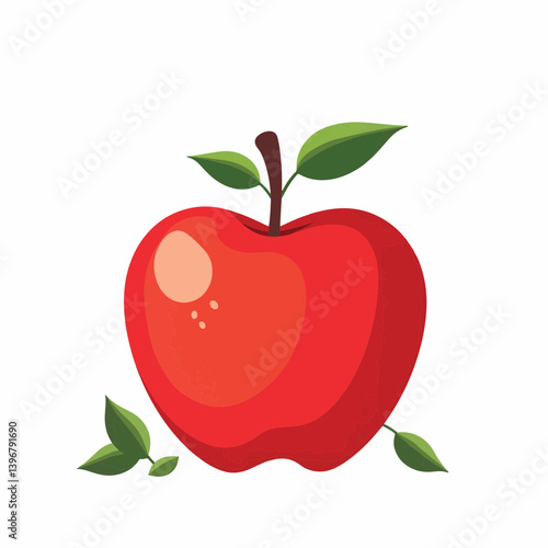 Vibrant red apple with green leaves, simple minimalistic design
