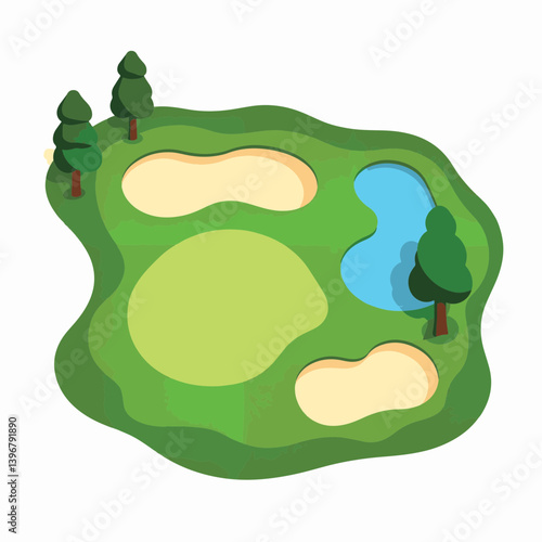 Designer golf course layout with sand bunkers and water hazard, tranquility