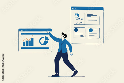 Self-service software or application to help users get results themselves, online help or assistance, resource management, or an electronic automated report co businessman using self-service software.